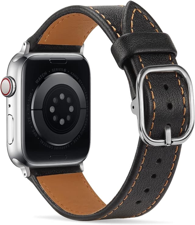 Detalle de Tasikar genuine leather Apple Watch strap with square buckle (38/40/41/42/44/45mm) for Series 1–8, SE & SE 2022 – Black