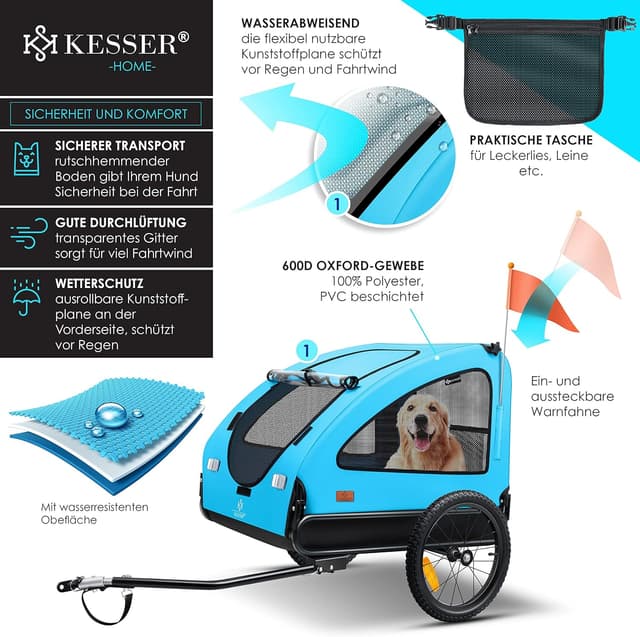 Detalle de KESSER® Hundeanhänger Boxer 2-in-1: Hundebuggy/Fahrradanhänger für bis zu 45 kg – ca. 250 l, klappbar