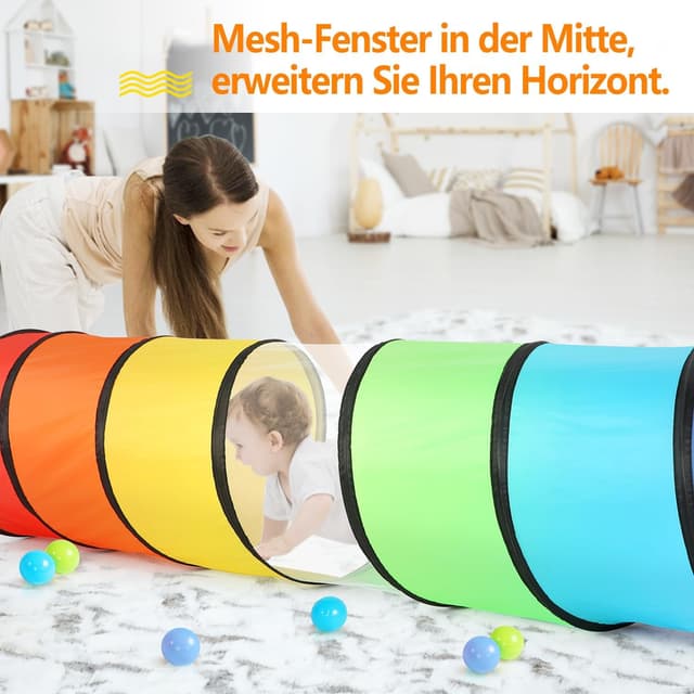 Detalle de Wilwolfer Kinder-Spieltunnel mit Mesh-Seiten (180 cm) – klappbares Outdoor-Spielzelt im Regenbogen-Design