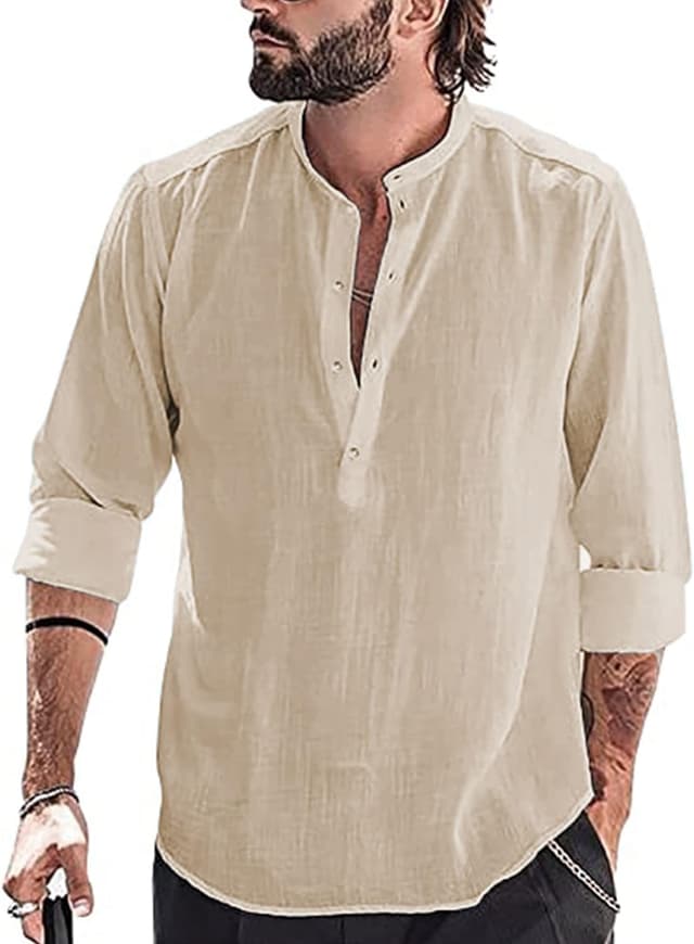 Detalle de YAOBAOLE chemise lin homme à manches longues (style henley, mao) – coton lin léger pour l’été