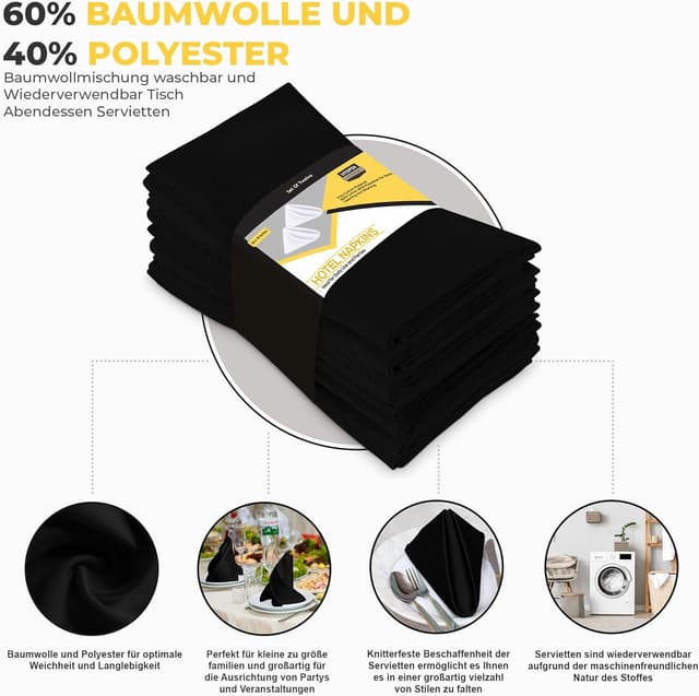 Detalle 2 de Utopia Kitchen Stoffservietten 12er Pack Schwarz 46x46 cm