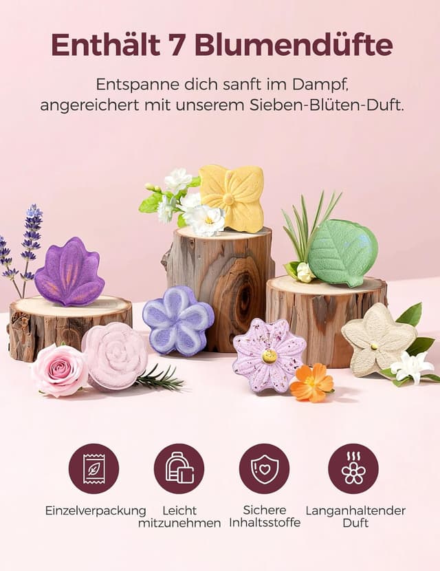 Detalle 2 de Momcozy Shower Steamer 14er-Pack mit 7 floralen Duschbomben – Wellness-Dampftabletten für die Dusche