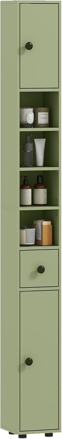 Detalle de Kleankin meuble colonne salle de bain fine avec 4 étagères réglables, 1 tiroir et 2 placards 20 x 20 x 180 cm (vert)