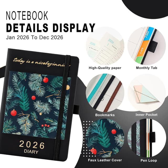 Detalle de Diary 2026 Day to Page A5 Organiser (Jan–Dec 2026) with Pen Holder, Coloured Side Tabs and Inner Packet