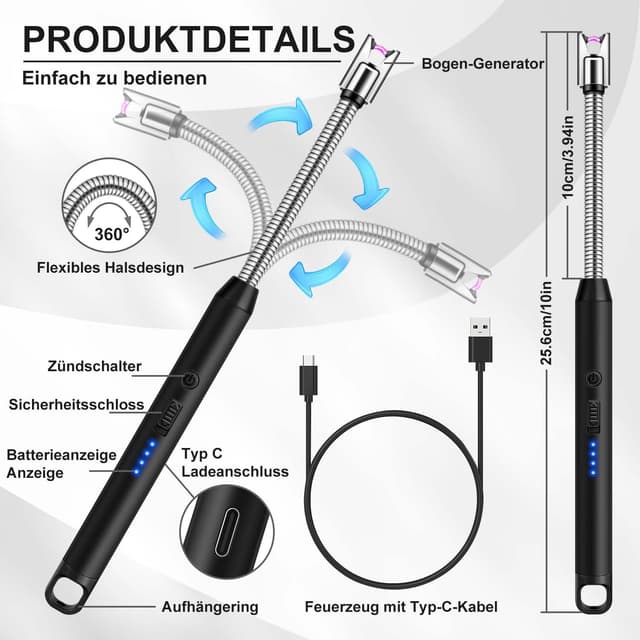 Detalle de lcfun LcFun briquet à arc électrique rechargeable USB Type C à col long (2 modèles noirs)