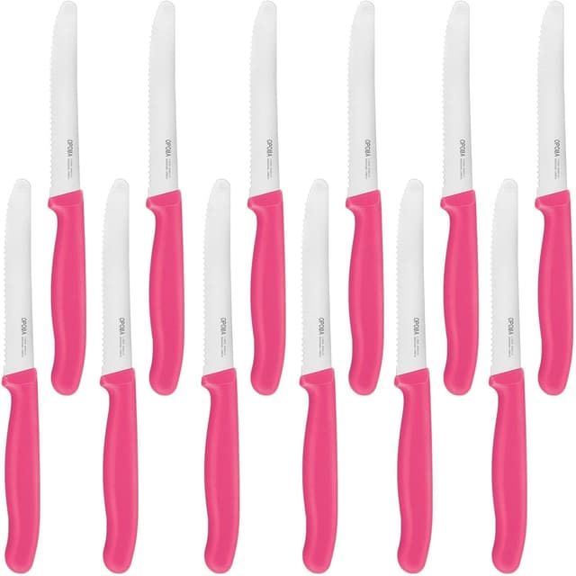 Detalle de OPOLIA Tafelmesser-Set (12-teilig) mit Wellenschliff – Frühstücks-, Brötchen- und Tomatenmesser in Pink