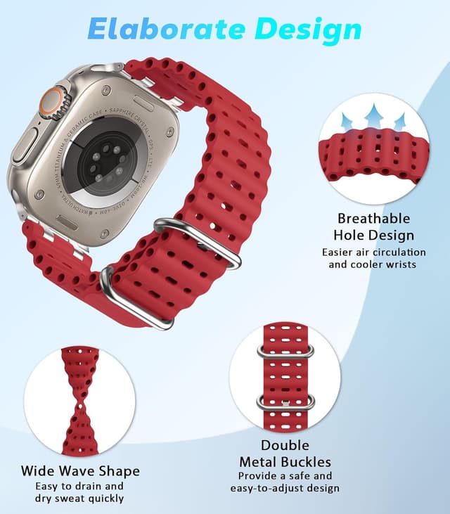 Detalle de Astorgos Upgraded Ocean Band strap for Apple Watch Ultra & Series (compatible 49mm–42mm) – breathable sport silicone with stainless connector