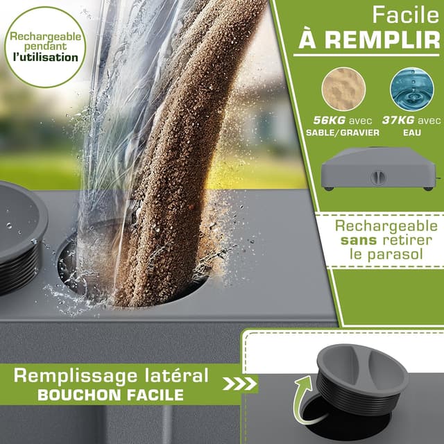 Detalle de Pied de parasol tillvex® GRAVIA à roulettes et freins (remplissage 37 L / jusqu’à 56 kg) pour mât Ø 1,8 à 3,7 m