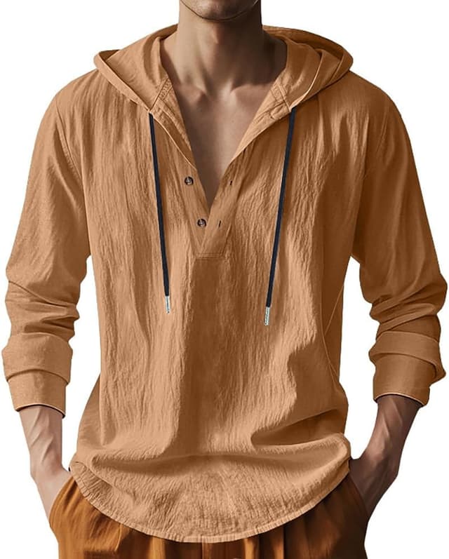 Detalle de TRFIC Men’s Cotton Linen Hooded Long Sleeve Button-Down Shirt for Casual, Beach & Yoga