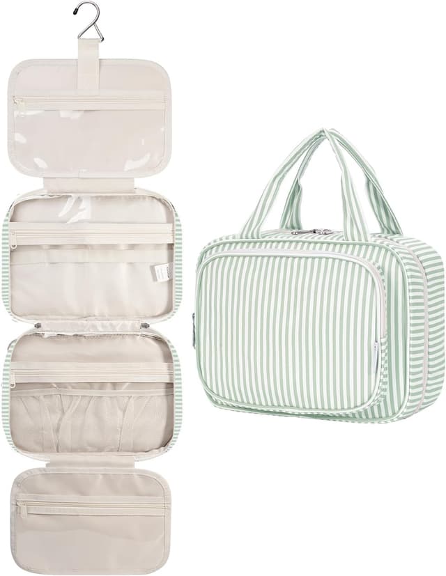Detalle de Narwey Hanging Travel Toiletry Bag (Mint Green Stripe) – Medium organiser with 4 compartments