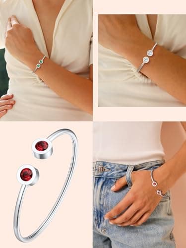 Detalle de FOCALOOK pulsera abierta de acero inoxidable 316L con piedra sintética tipo alejandrita lila (junio)