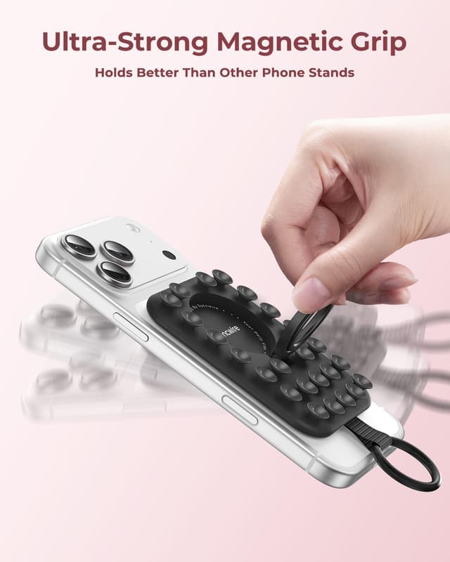 Detalle 2 de Syncwire Magnetic Suction Phone Mount for MagSafe (Midnight Black) with Silicone Octo Cup Grip Ring