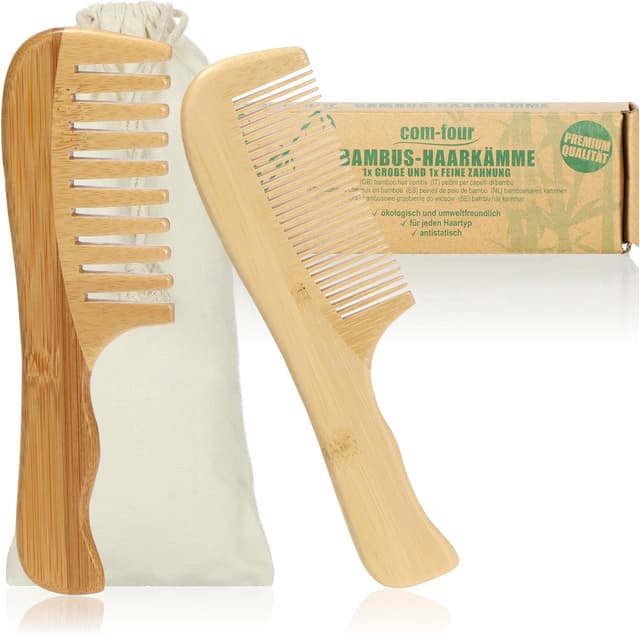 Detalle de COM-FOUR Set di 2 pettini in bambù con denti fini e grossi, in legno di bambù sostenibile
