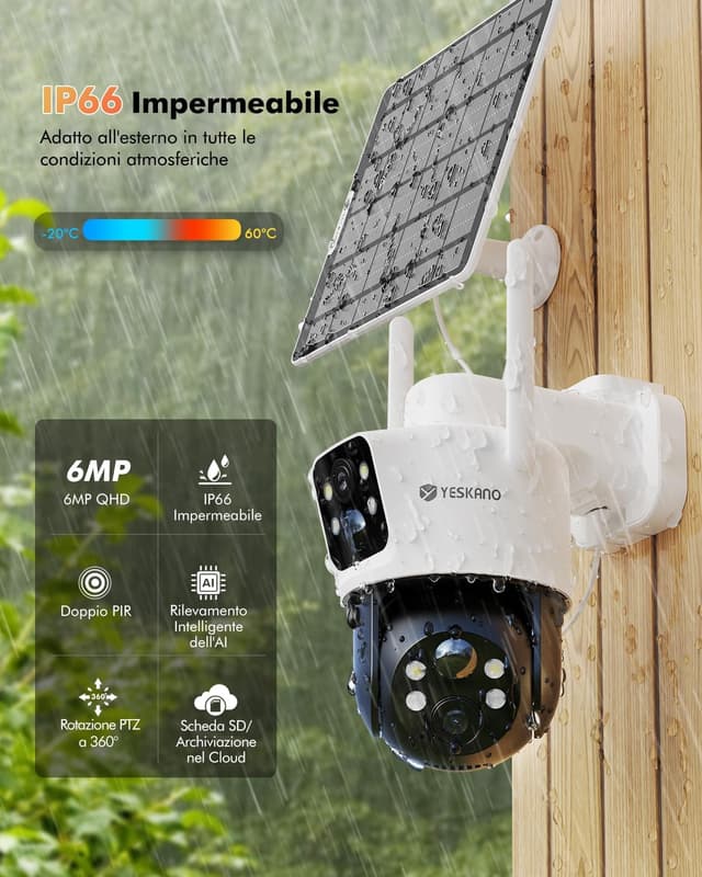 Detalle 2 de YESKANO Telecamera Wi‑Fi 6MP per esterno con pannello solare