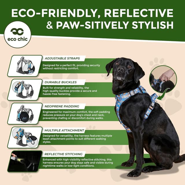 Detalle de Eco Chic Recycled Comfort Pet Harness Adjustable No-Pull Reflective Padded Dog Vest Harness (4x4 Black Large)