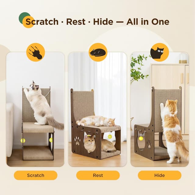 Detalle de Gimars Grattoir chat en carton en forme de chaise avec balles et tunnel cachette (noyer)