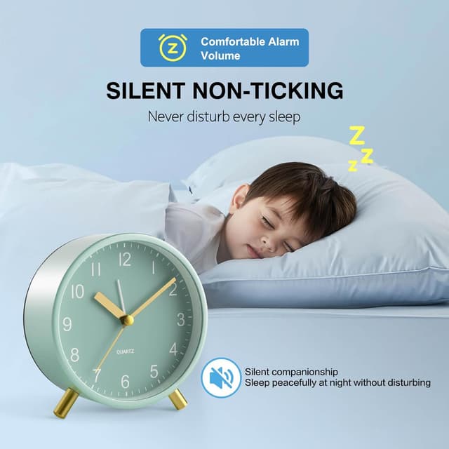 Detalle 2 de Jisile Silent Non-Ticking Battery Alarm Clock with Night Light (Sage Green)