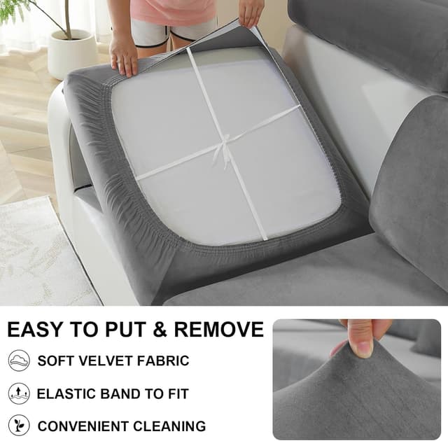 Detalle 2 de CYCMACO Copriseduta Divano in Velluto elasticizzato per chaise longue, grigio chiaro (antiscivolo, lavabile)