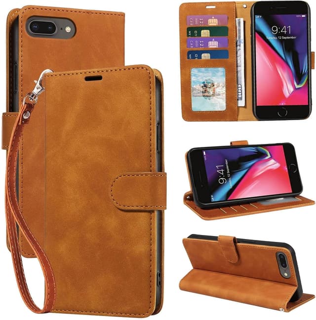 Detalle de GOTOURED Wallet Case for iPhone 7/8 Plus (RFID) – Brown PU Leather Folio with 4 Card Slots, Detachable Strap & Kickstand