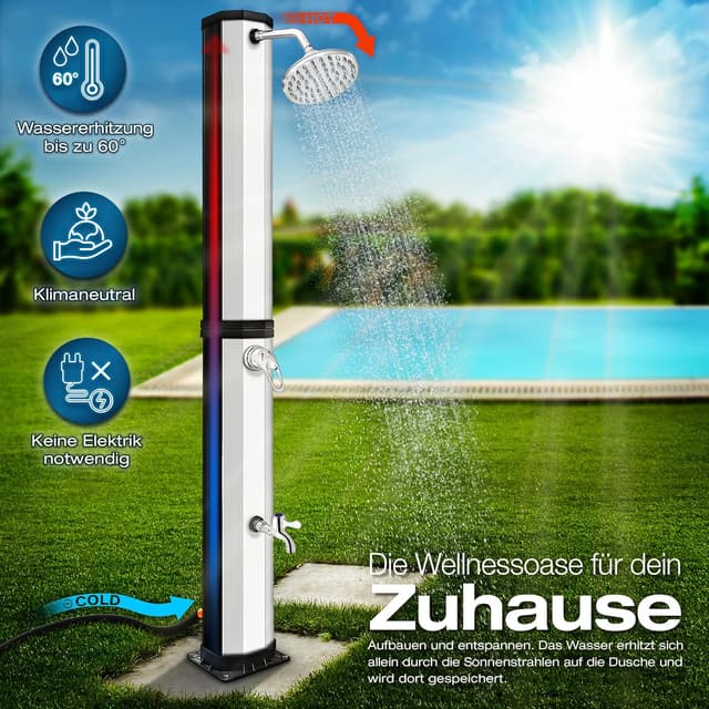 Detalle 2 de tillvex Solardusche 60 Liter inkl. Abdeckung – Warmwasser ohne Strom, mit Wasserhahn & Gartenschlauch-Anschluss