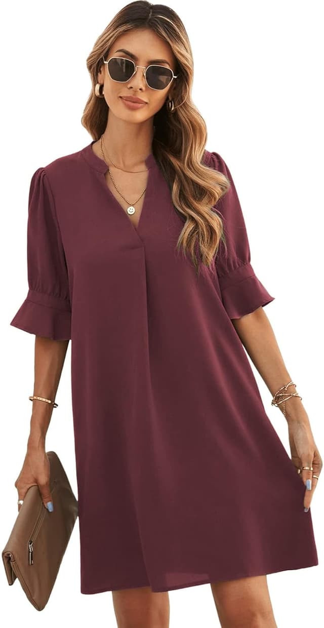 Detalle de Famulily Women’s V Neck Half Sleeve Shirt Dress midi-style casual summer dress (S–XXL)