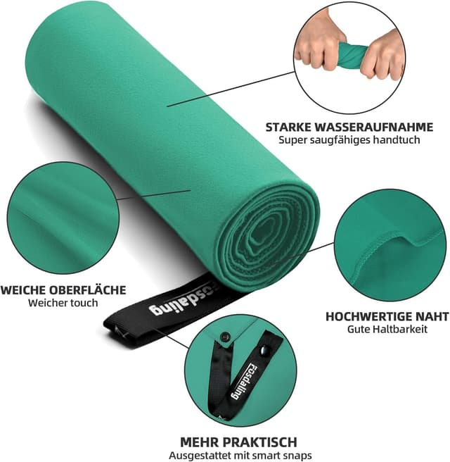 Detalle de Mikrofaser Handtuch 3er Set (200×100 cm + 2×80×40 cm) – schnelltrocknendes Sport-, Reise- und Strandtuch in Grasgrün