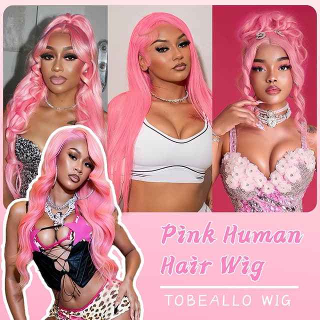 Detalle 2 de Tobeallo Pink human hair wig 28 inch