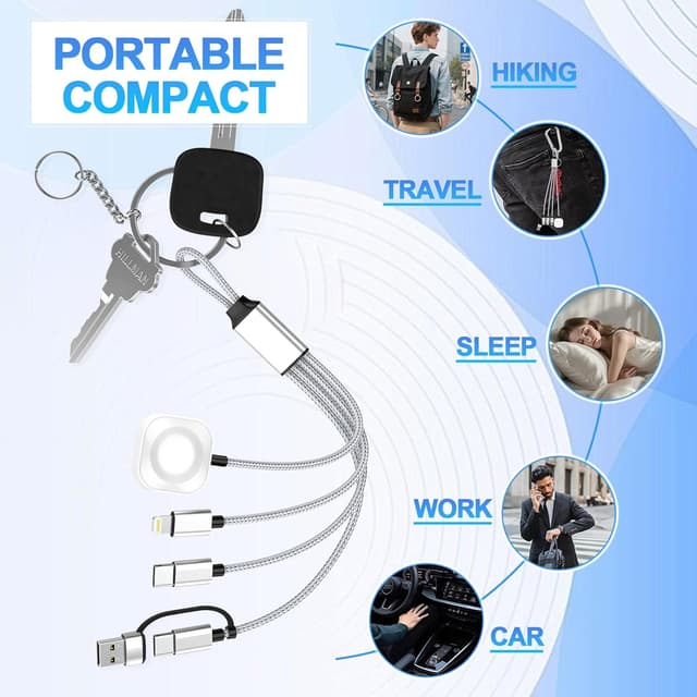 Detalle 2 de 3 in 2 Apple Watch Charger Travel Cable (20 cm) with USB‑C/A to Apple Watch + iPhone/iPad/Android Charging