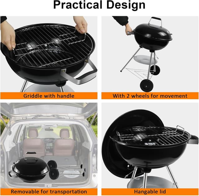 Detalle de kisidus Kugelgrill Holzkohlegrill mit porzellanemailliertem Deckel, Dreibein & Rädern (51 x 46,5 x 78 cm)
