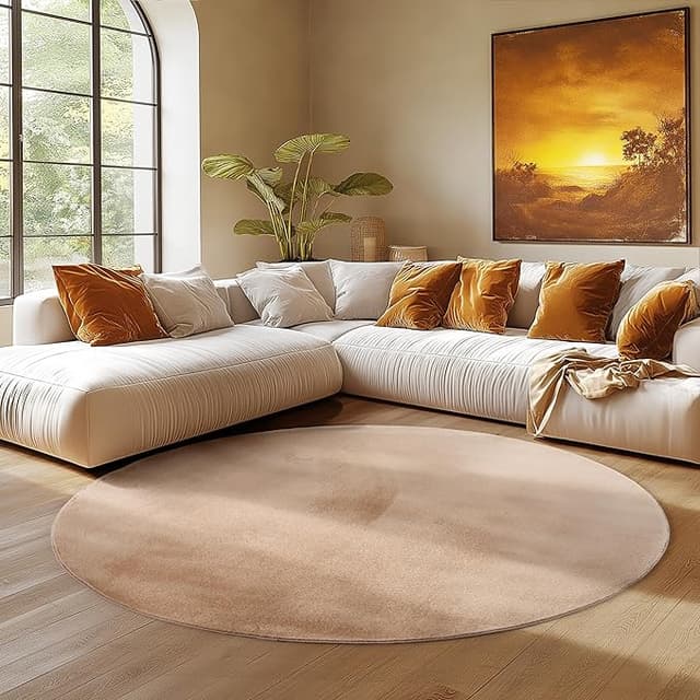 Detalle de SIMPEX Alfombra Redonda Beige 200 cm | Suave, Antideslizante y Lavable