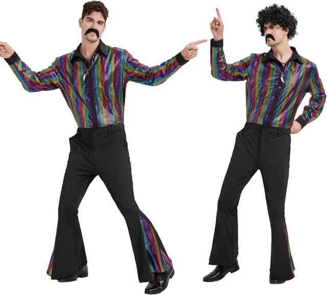 Thumbnail 6 de Coseaon 70er Jahre Disco Outfit für Herren – Hemd, Schlaghosen, Perücke, Schnurrbart & Accessoires