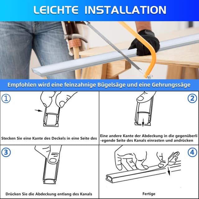 Detalle 2 de 20er-Set LED-Profil Aluminium (U-Form) 20 x 1 m mit milchiger Abdeckung – für LED-Strips