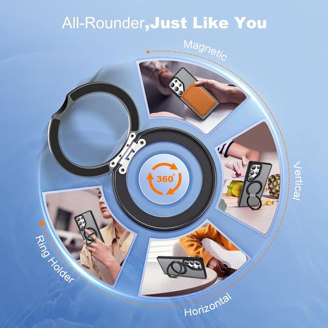Detalle de Zalinbo for Samsung Galaxy S25 Ultra Case with 360° Rotatable Magnetic Ring Stand (Mag-Safe Compatible) - Black