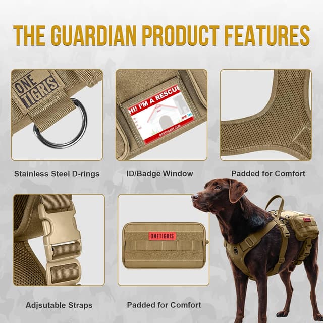 Detalle de OneTigris Service Dog Vest Harness with Cape & MOLLE Pouches (Brown, M)