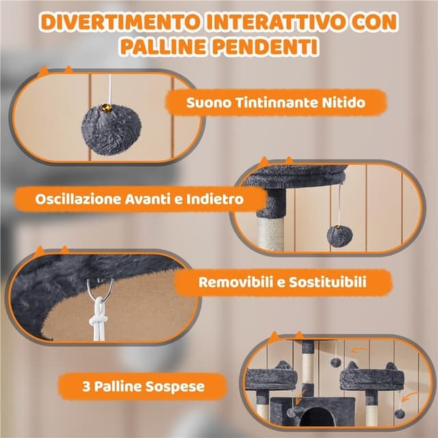 Detalle de Yaheetech Albero Tiragraffi per Gatti Adulti con Sisal Naturale, Torre 55 x 55 x 174 cm, Grigio Scuro