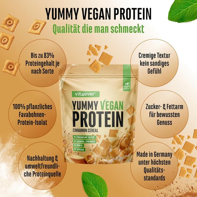 Detalle 2 de vit4ever Yummy Vegan Protein Cinnamon Cereal mit Chunks – veganer Proteinshake aus Fava-Bohnen-Isolat (908 g)