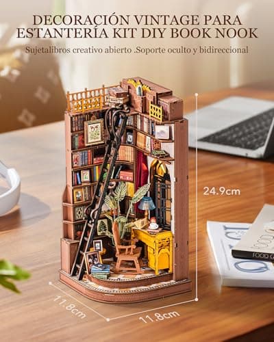 Detalle 2 de Rolife Book Nook Kit Silent Corner Study: casa miniatura 3D de madera con luces LED