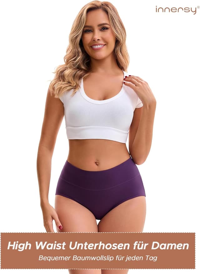 Detalle de INNERSY Damen-Slips aus Baumwolle mit Stretch, hohe Taille – 5er Pack