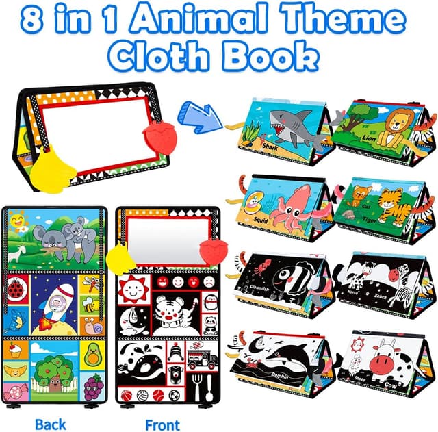 Detalle 2 de Baby Toys 0–6 Months Tummy Time Mirror Toy with Cloth Book (Black & White High Contrast) — Montessori Sensory Infant Set