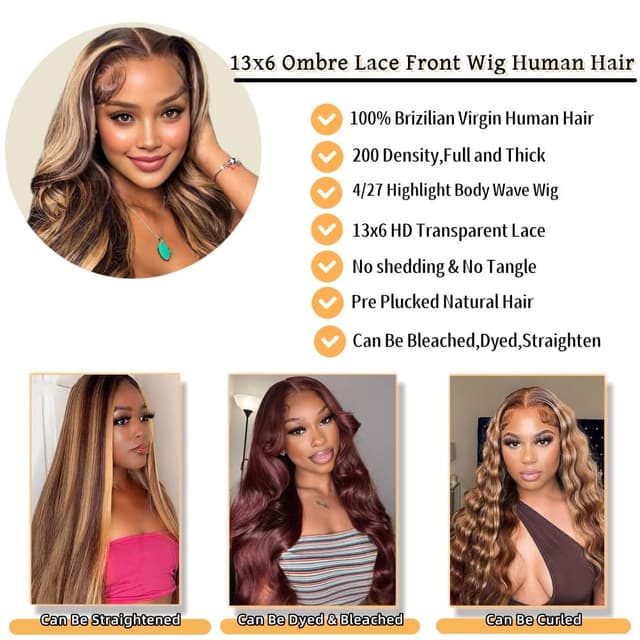 Detalle de Sunelk Honey Blonde Ombre Lace Front Wig (Human Hair, 13x6 HD Lace, 200% Density, Body Wave)
