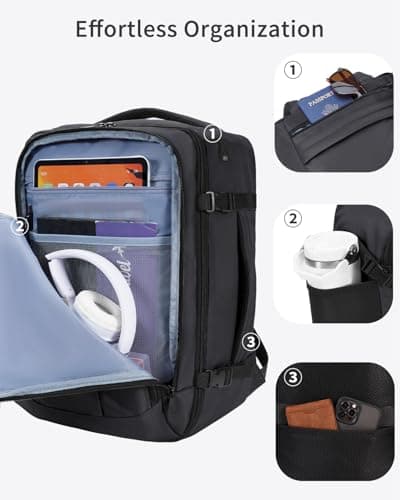 Detalle de ECOHUB Mochila de viaje de cabina para Ryanair (40x30x20) 24L, con 13 compartimentos y tejido PET reciclado