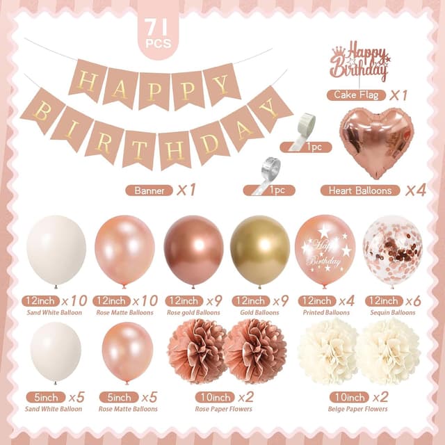 Detalle de Kit décoration anniversaire Rainllon or rose : bannière « Happy Birthday », ballons, pompons et arche