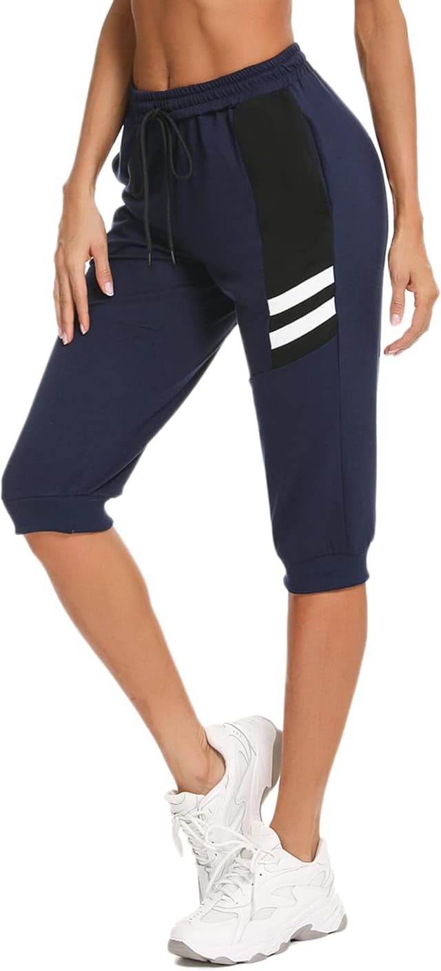 Detalle de Terecey pantacourt femme 3/4 en coton respirant, taille haute élastique avec cordon et poches