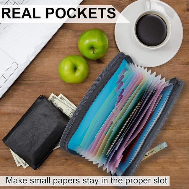 Detalle de NAFY Small Accordion File Organizer (A5) with Zipper – 13-Pocket Coupon & Receipt Holder in Blue