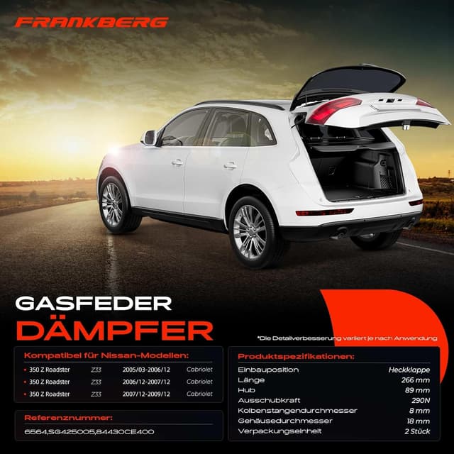 Detalle de Frankberg 2x Gasfeder Dämpfer für Heckklappe – passend für Nissan 350Z Roadster Z33 Cabrio (2005–2009) mit Replace# 84430CE400