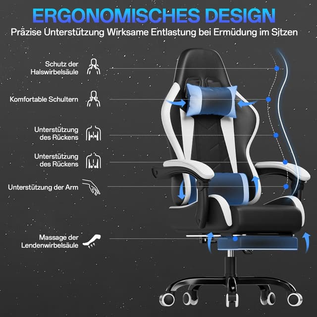 Thumbnail 4 de JUMMICO Sedia da gaming e ufficio ergonomica con supporto lombare massaggiante e schienale regolabile 90–150° (bianco)