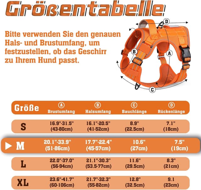 Detalle de rabbitgoo Hundegeschirr M (mittelgroße bis große Hunde) verstellbar, Anti-Zug, mit Metallschnallen und Tragegriff – Orange