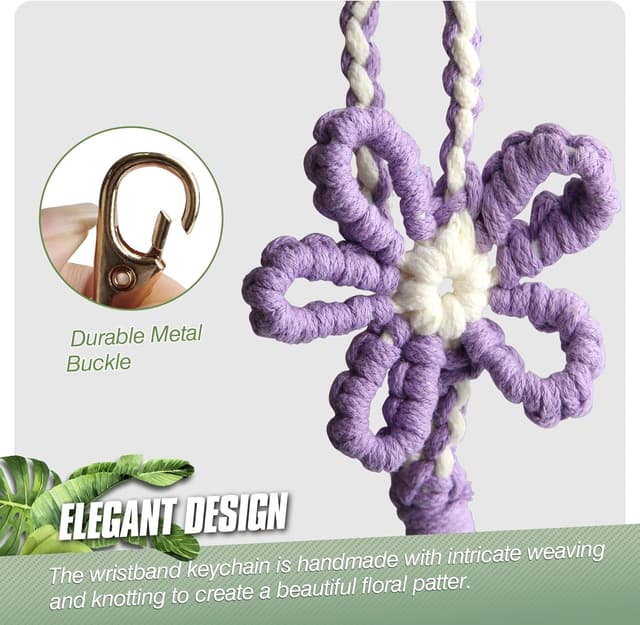Detalle de Vivikivi 2er Set Makramee-Schlüsselanhänger für Damen & Mädchen (2 Stück) – Blume & Uni-Design
