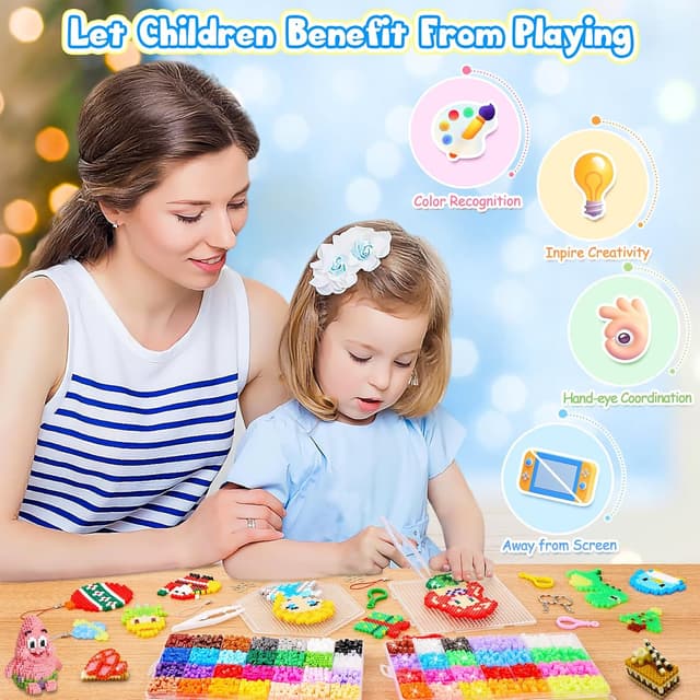 Detalle de Zhongko Bügelperlen-Set mit 48 Farben (5 mm), Leuchteffekt im Dunkeln & Glitzer, 67 Muster