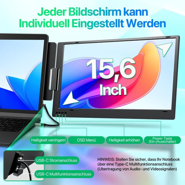 Detalle de KPKUE 15,6" Laptop-Bildschirm-Erweiterung für Triple-Screen-Setups (FHD/IPS) per USB-C oder USB-A
